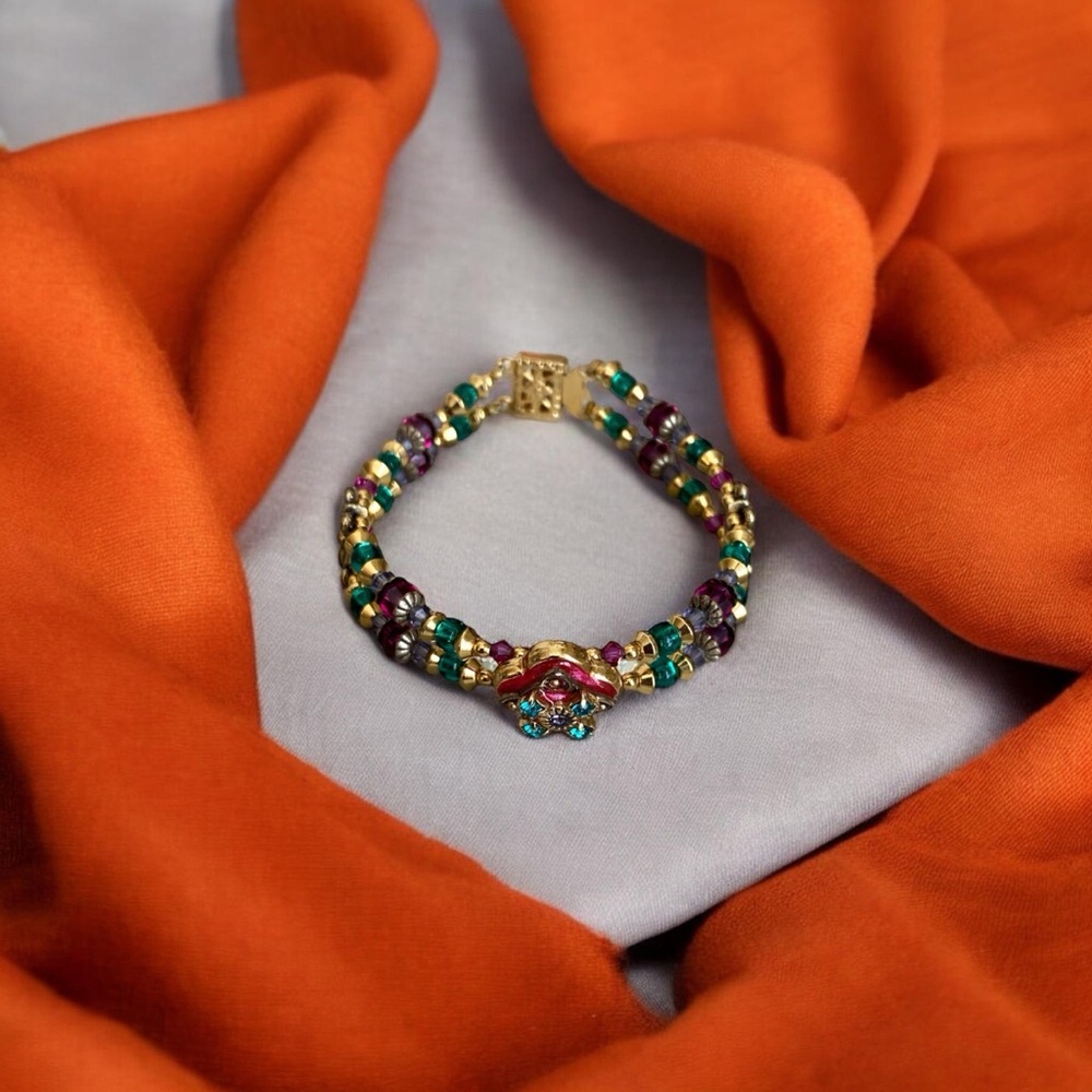 Vintage Michal Golan Gold-Tone Beaded Bracelet Colorful Crystal & Enamel Toggle